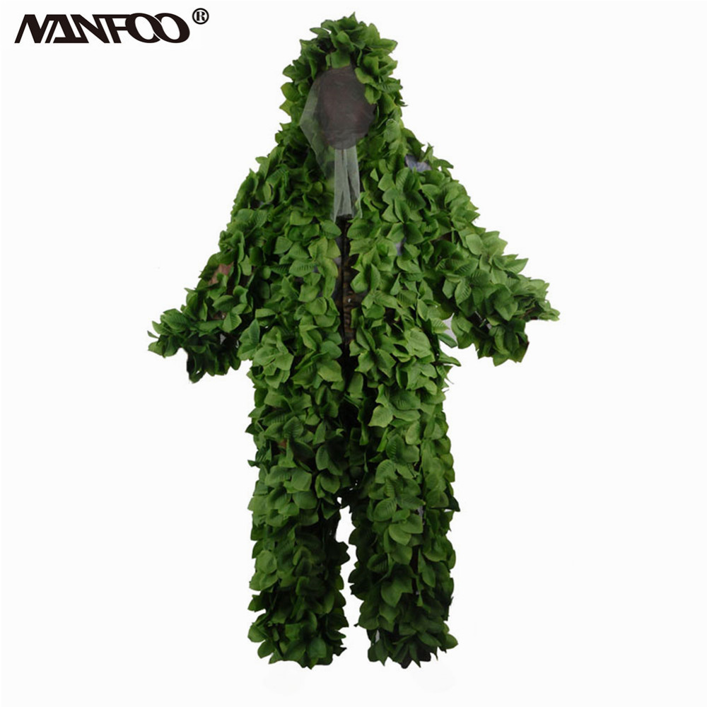Ghillie Suit Woodland - ดอกไม้เหนียว Bionic Camouflage ใบสีเขียวใบชุดล่าสัตว์ตกปลา Ghillie สูทสวมใส่ยุทธวิธี