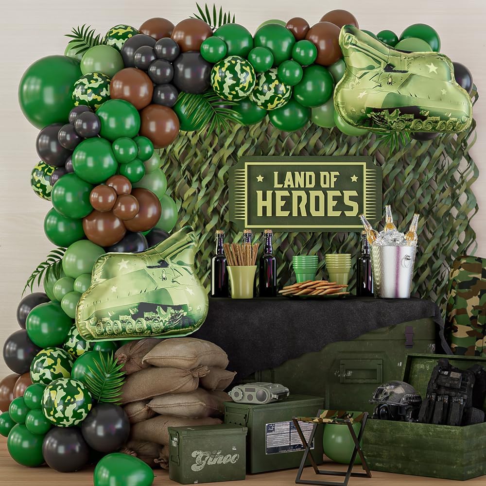 Hunting And Camping In Jungle - ชุดลูกโป่งลายพรางสีเขียว115/119ชิ้นสำหรับงานวันเกิดลายพรางทหารสำหรับการตกแต่งปาร์ตี้ตั้งแคมป์เกมป่าตามธีมปาร์ตี้